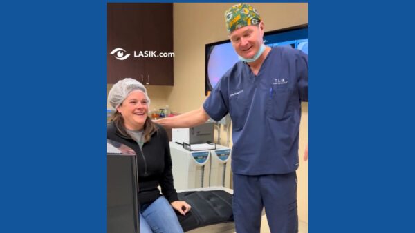 Patient reacts with excitement after achieving clear vision following LASIK with Dr. Probst.